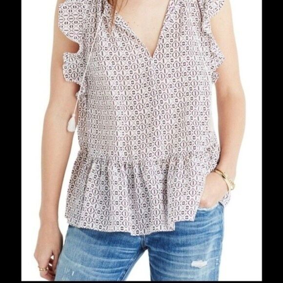 Madewell Lily Silk Ruffle Sleeveless Top in Echo Grid - Picture 1 of 6